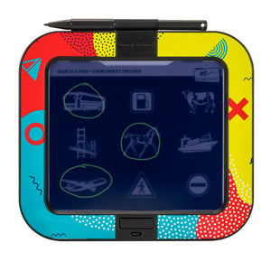Dash™ Kids Drawing Kit front view with Search and Find game template shown inserted