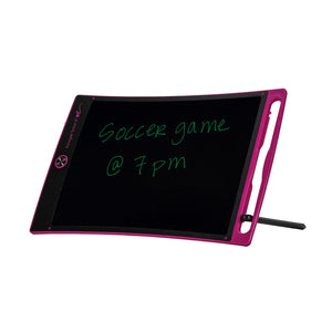 Jot™ Writing Tablet Pink angled view with Stylus acting as kickstand and writing on screen